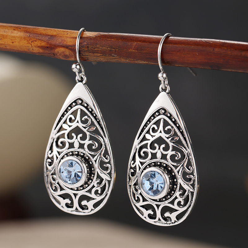 Handmade Blue Zirconia Water Drop Earrings, Retro Style